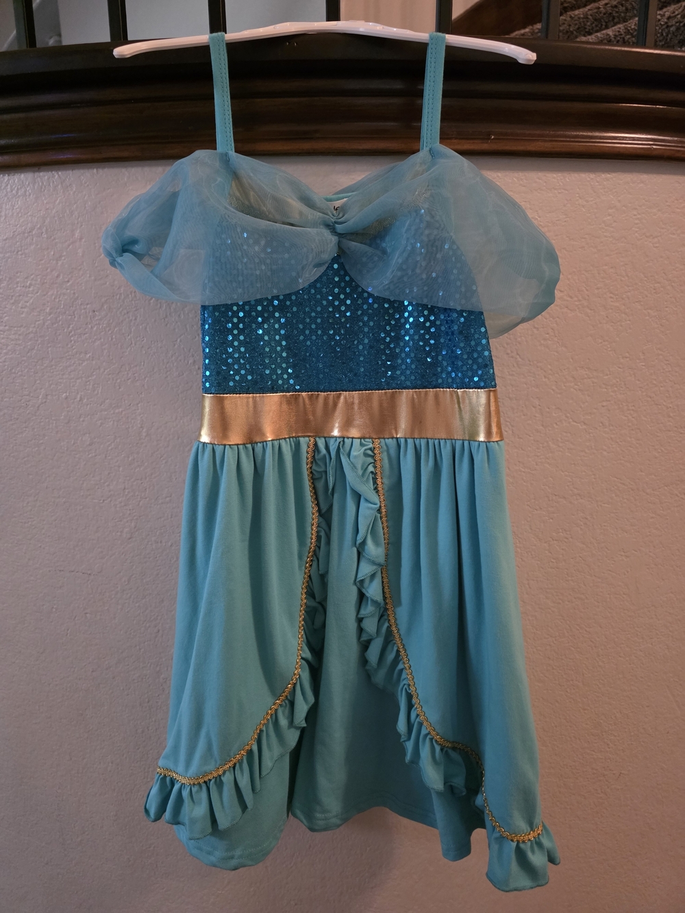 Kids Aqua Blue Sequin Princess Jasmine Costume and Headband, Size 7/8